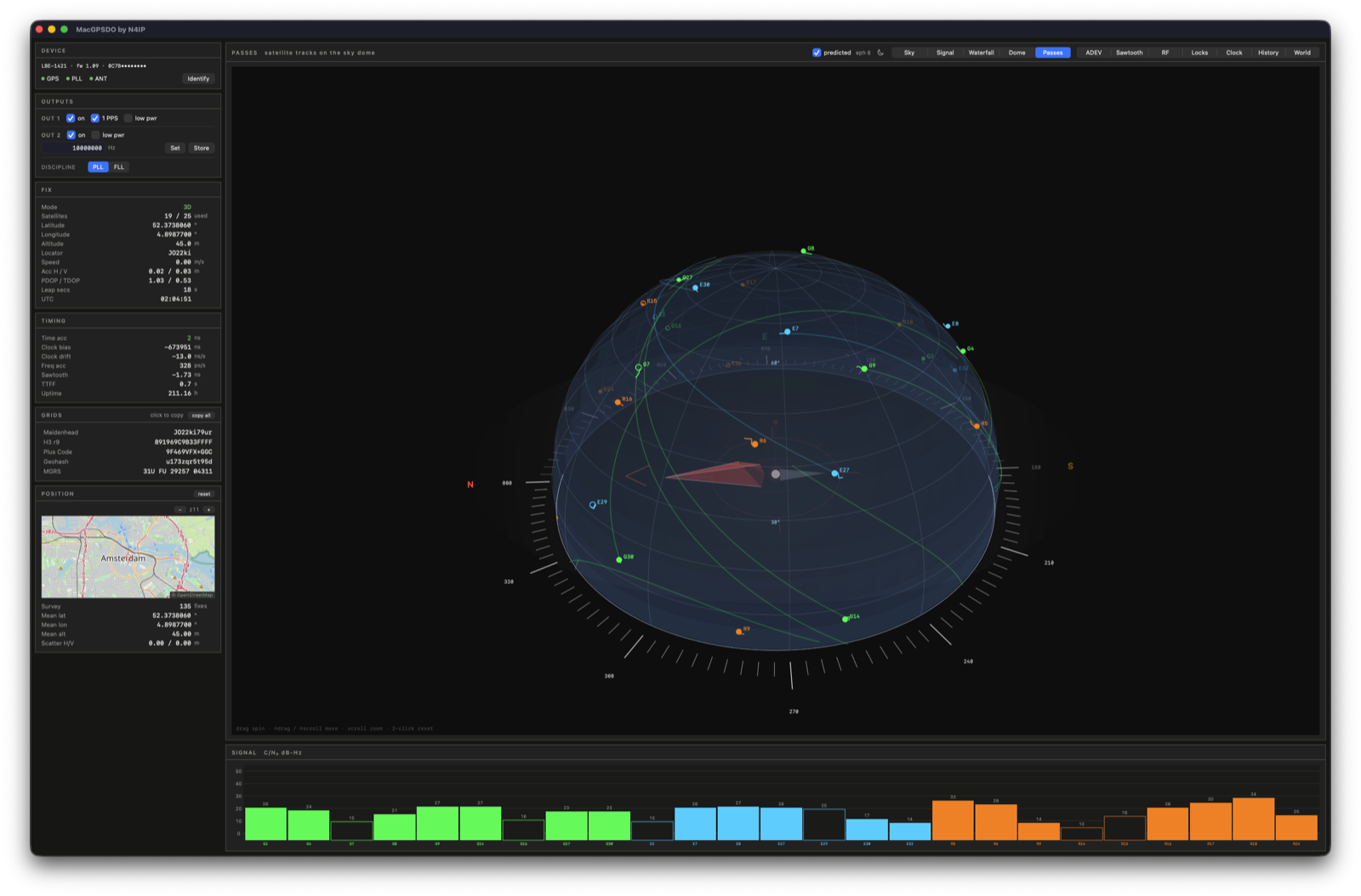 Passes tab: a translucent sky dome with satellite tracks over a compass ring