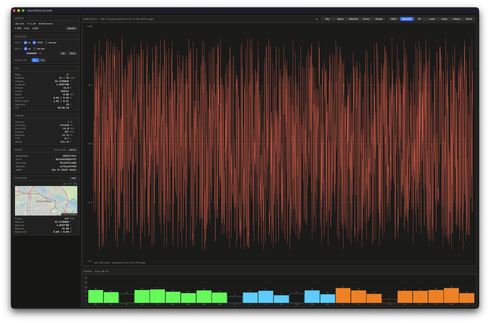 Sawtooth tab: the quantisation error of each 1PPS edge over the last half hour