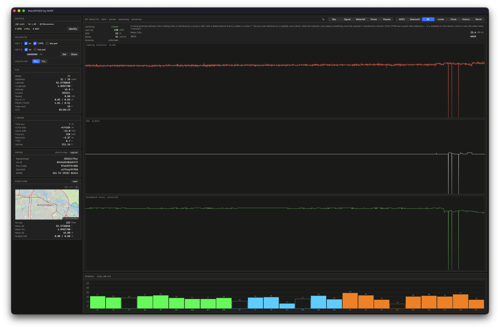 RF health tab: jamming indicator, AGC and broadband noise plotted over the last hour