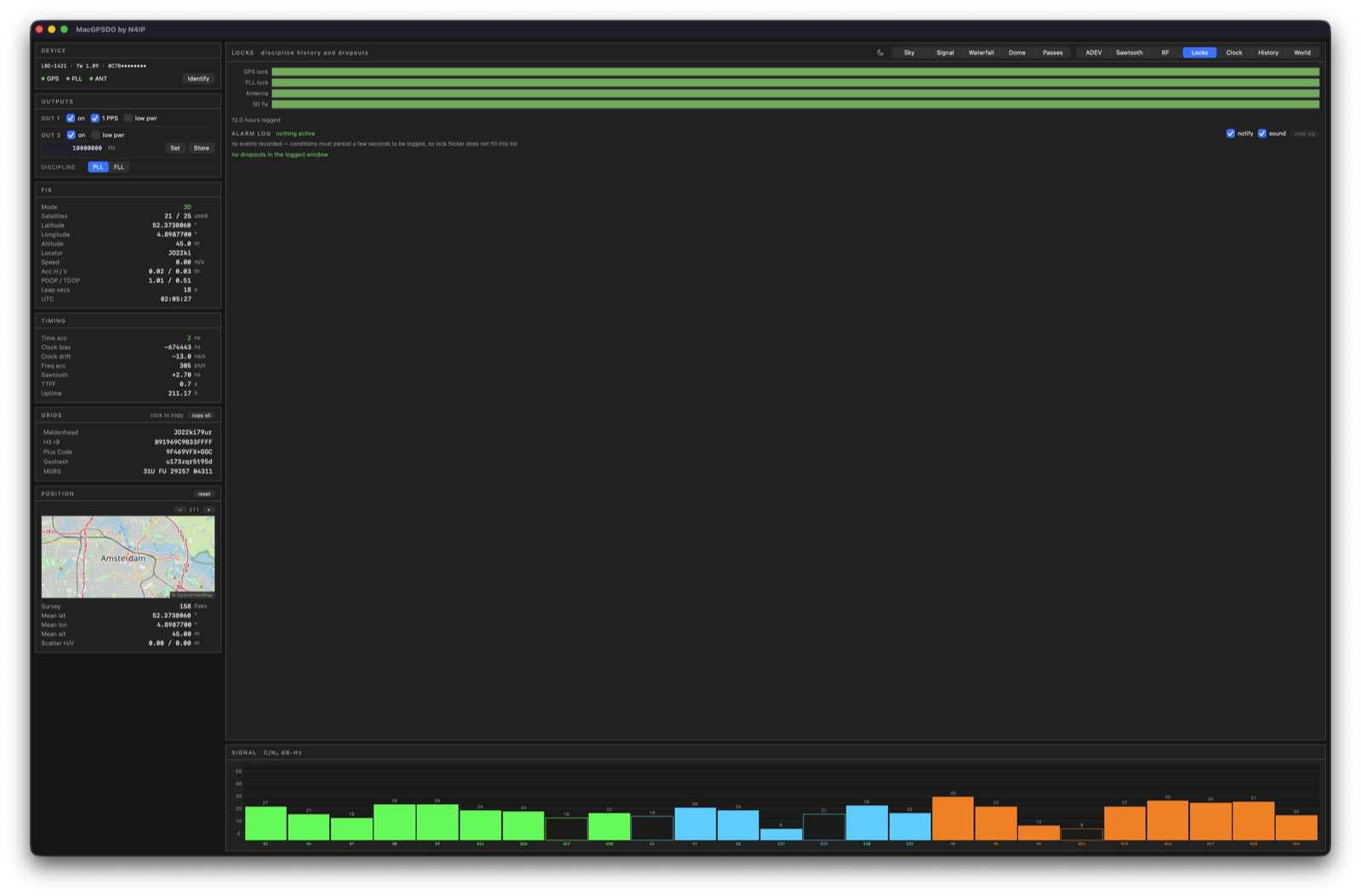 Locks tab: GPS, PLL, antenna and fix state over time with an alarm log