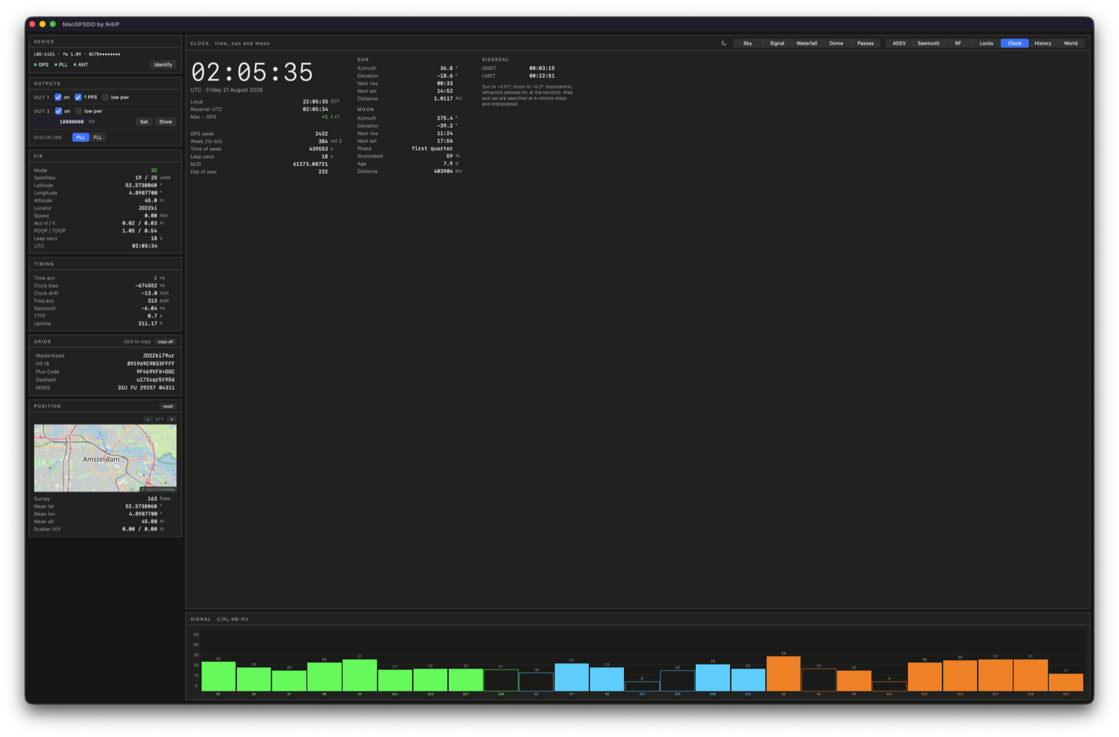 Clock tab: large UTC display with GPS week, leap seconds, sun and moon