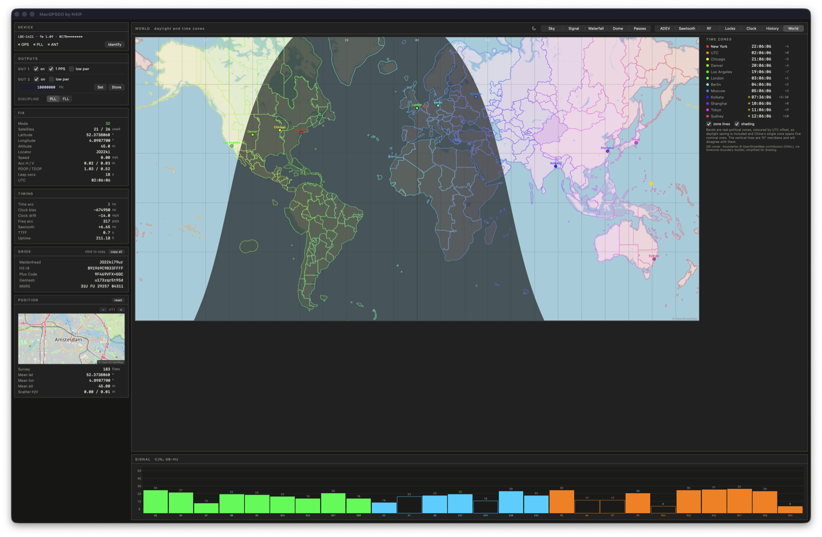 World tab: day and night across a world map with real time zone boundaries