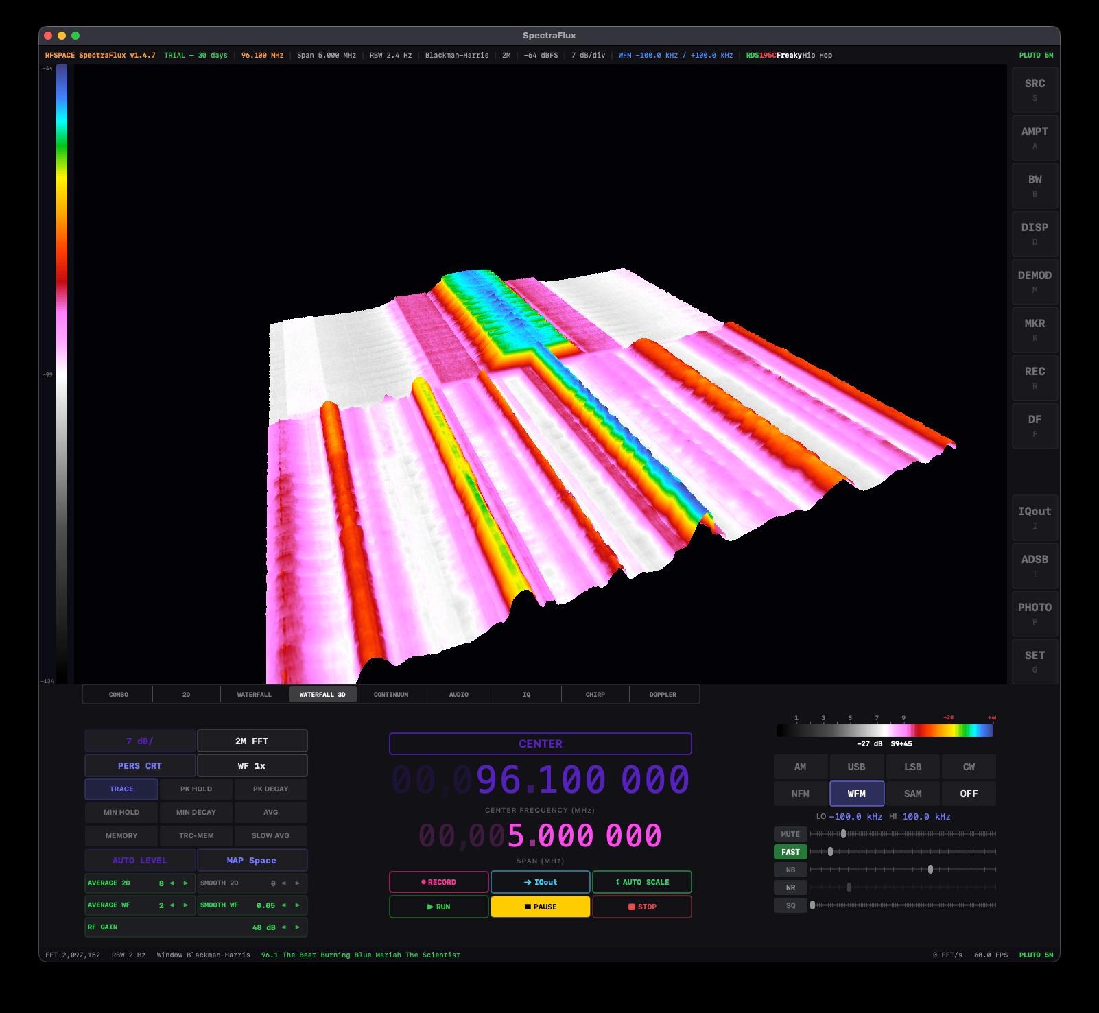 SpectraFlux — WATERFALL 3D mode tuned to FM broadcast