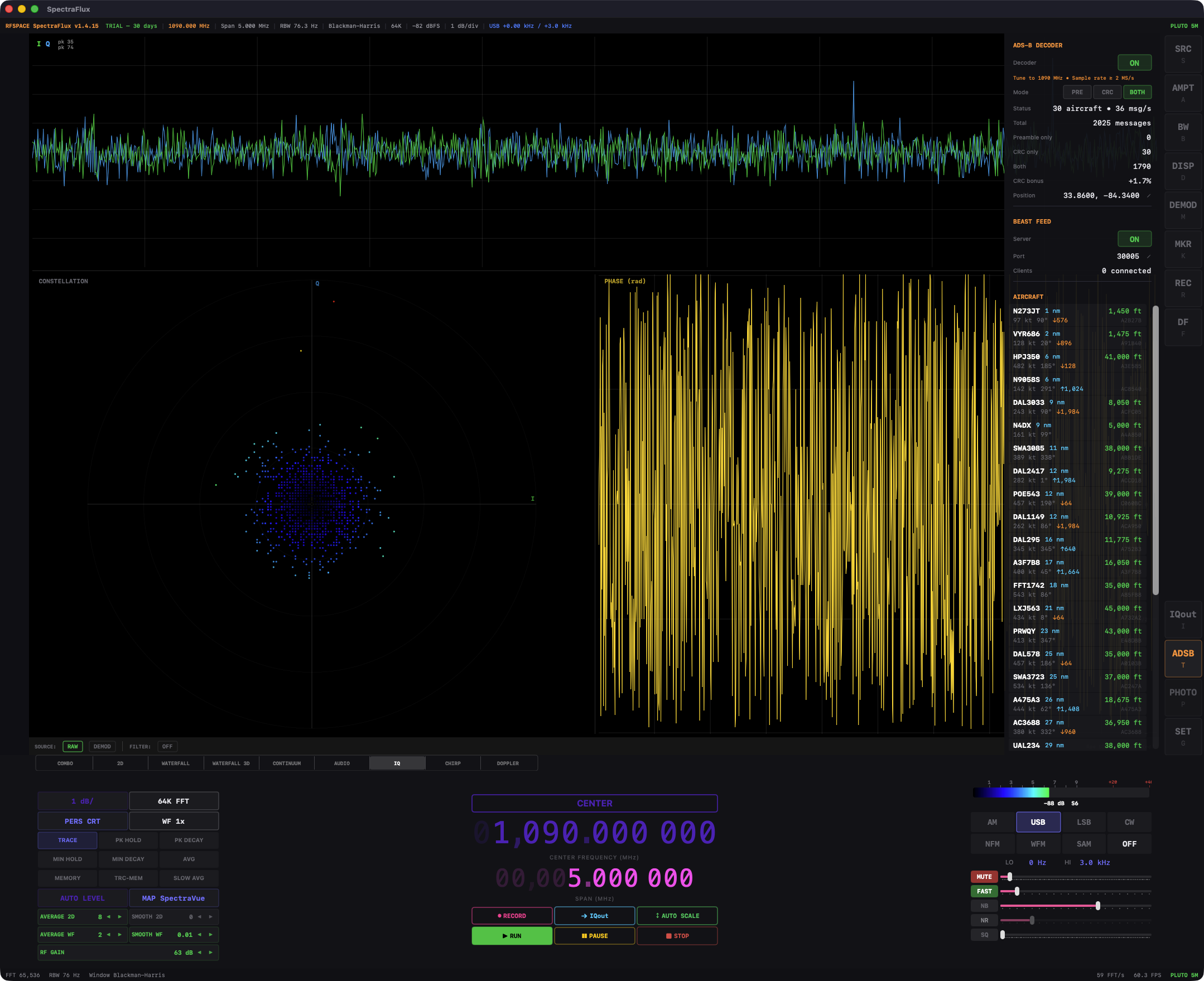 IQ tab tuned to 1090 MHz with ADS-B decoder running