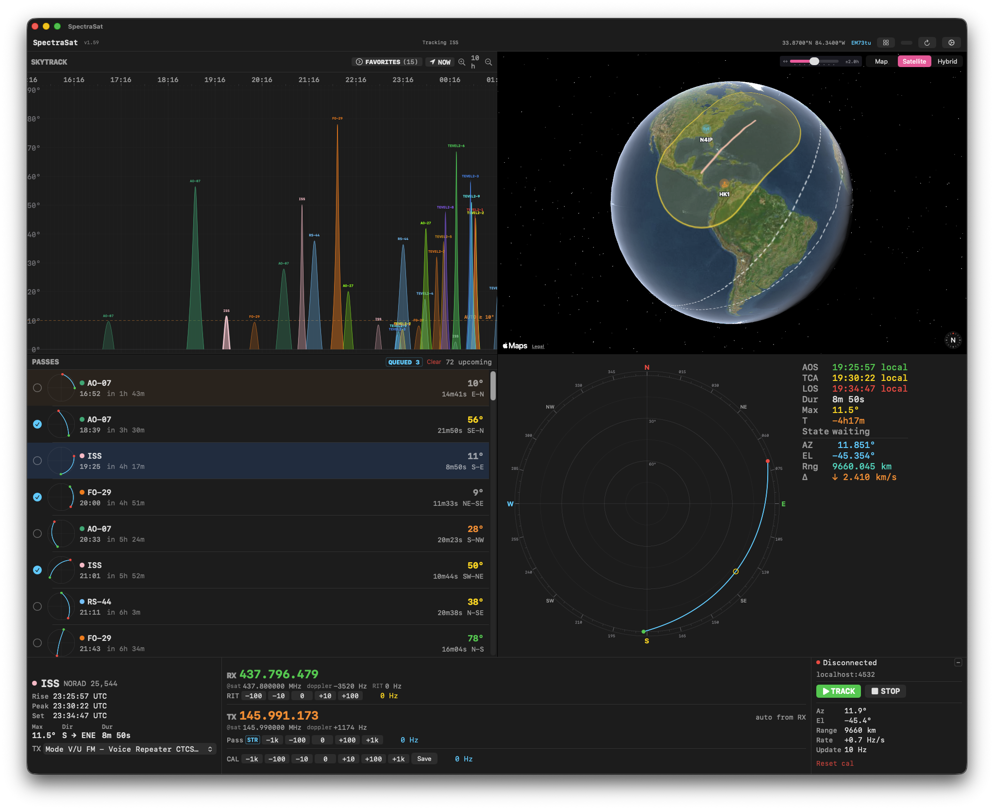 SpectraSAT — pass scheduler, polar plot, and live globe tracking the ISS